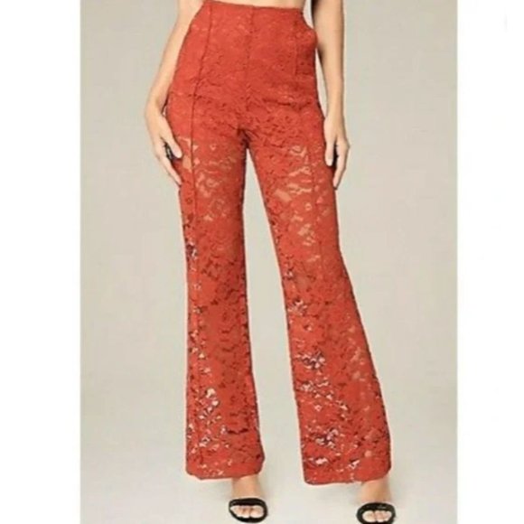 Bebe Womens 4 Red Floral Lace High Rise Sheer Wide Leg Trouser Pants Pockets - Picture 1 of 10